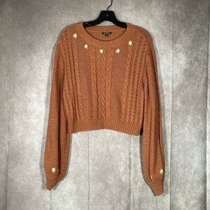Wild Fable Burnt Orange Chain Knit Floral Detail Cropped Sweater | Medium